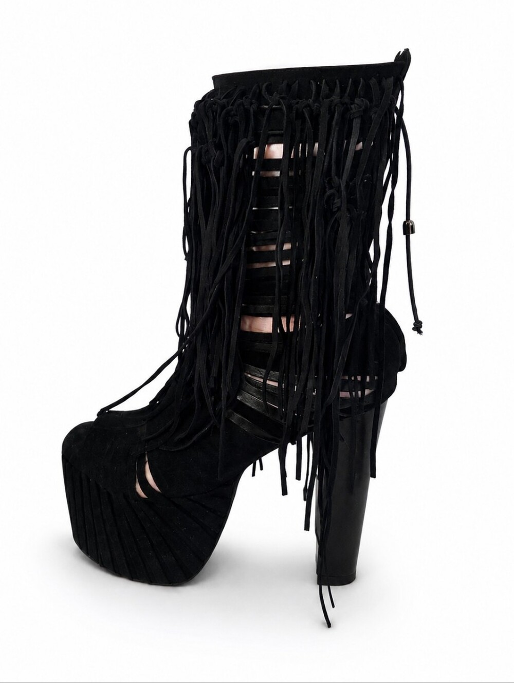Fringe Suede Platform High Heel Boots - Black 11US